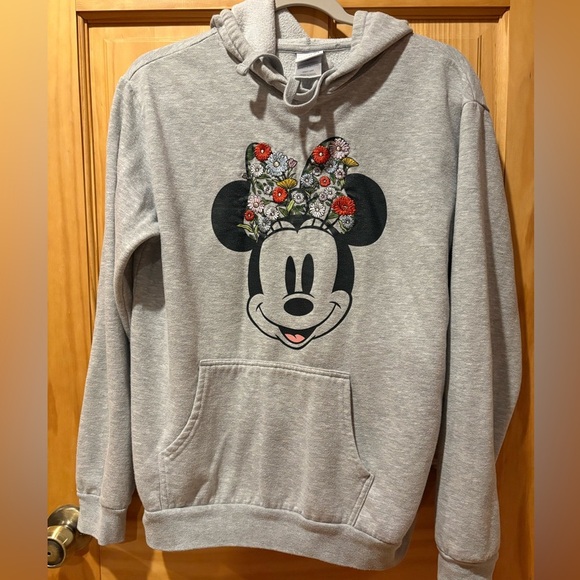 DISNEY Minnie Mouse Heather Gray Embroidered Flowers Bow Hoodie  women’s size L - Picture 1 of 9
